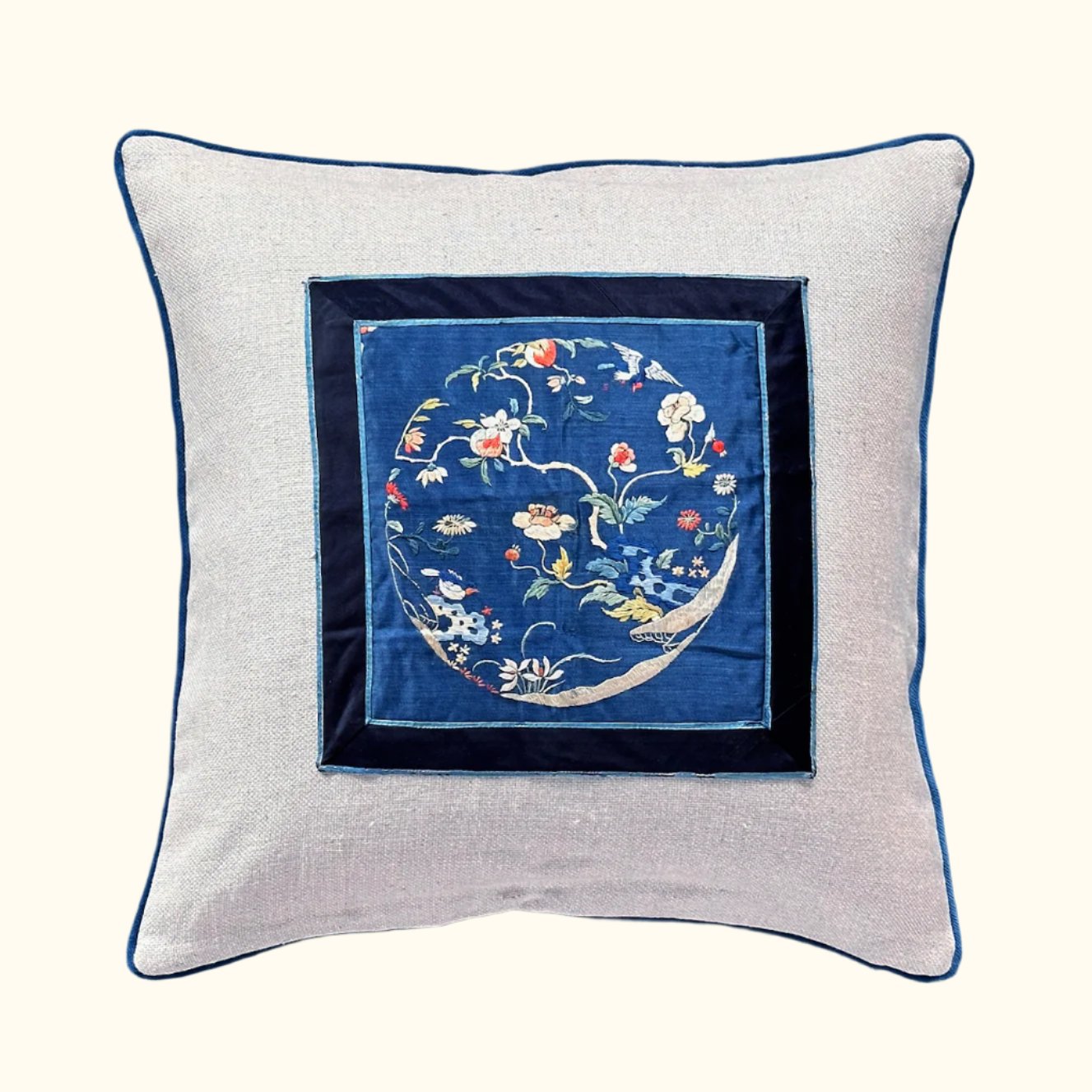 Vintage Silk Embroidery on Silk Pillow - 20" x 20" - China - 135a
