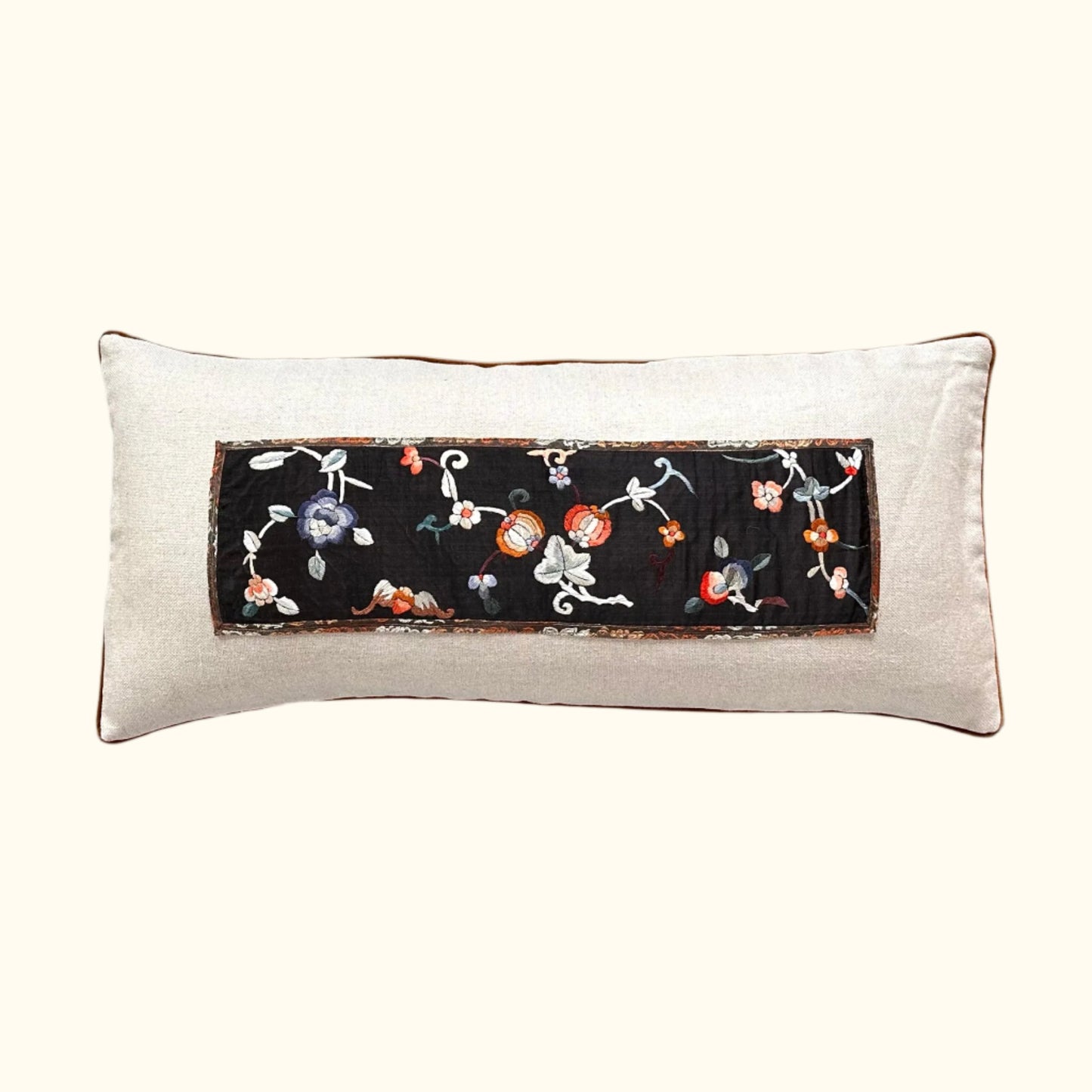 Vintage Silk Embroidery on Silk Pillow - 16" x 36" - China - 174a