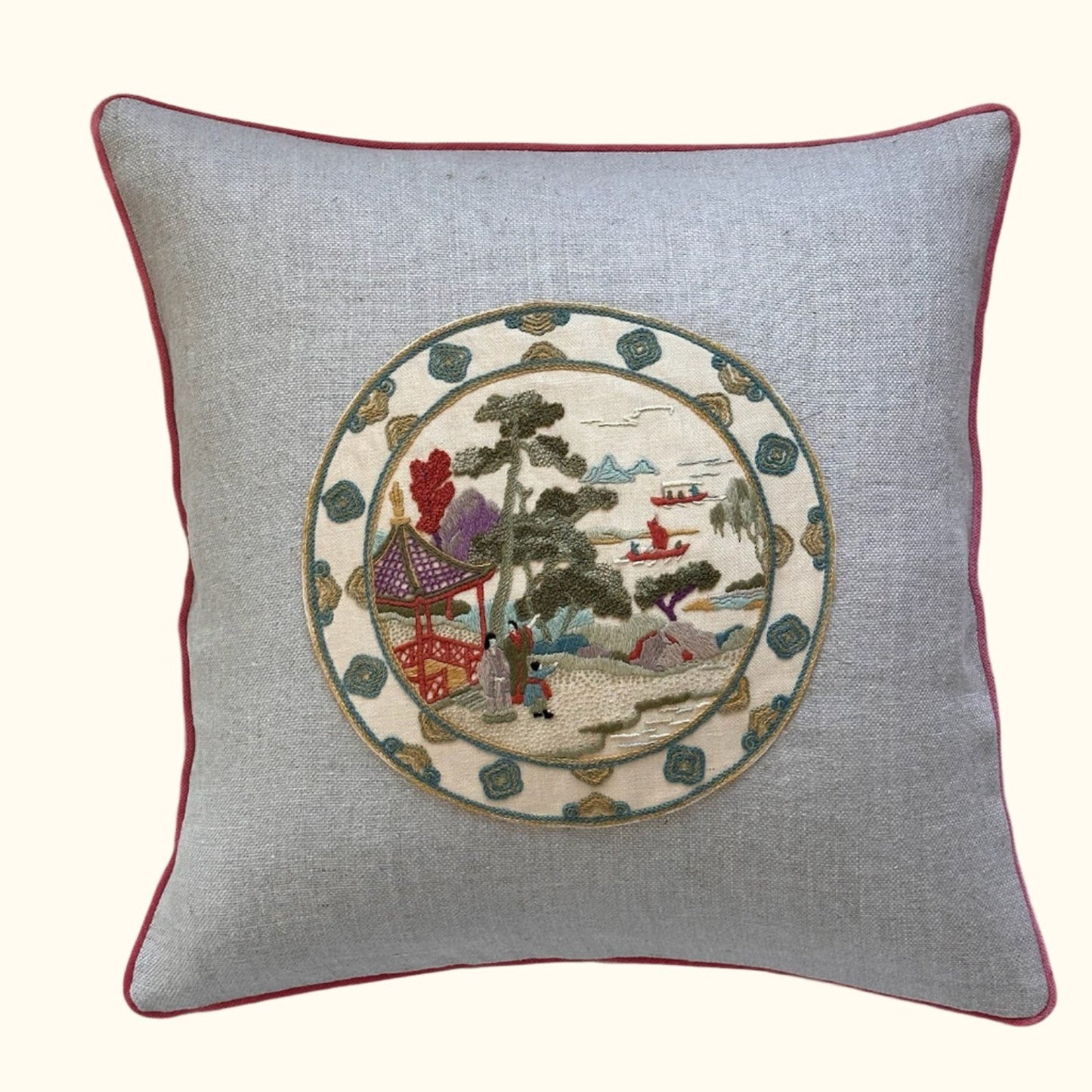 Vintage Wool Embroidery Pillow - 22" x 22" -186a