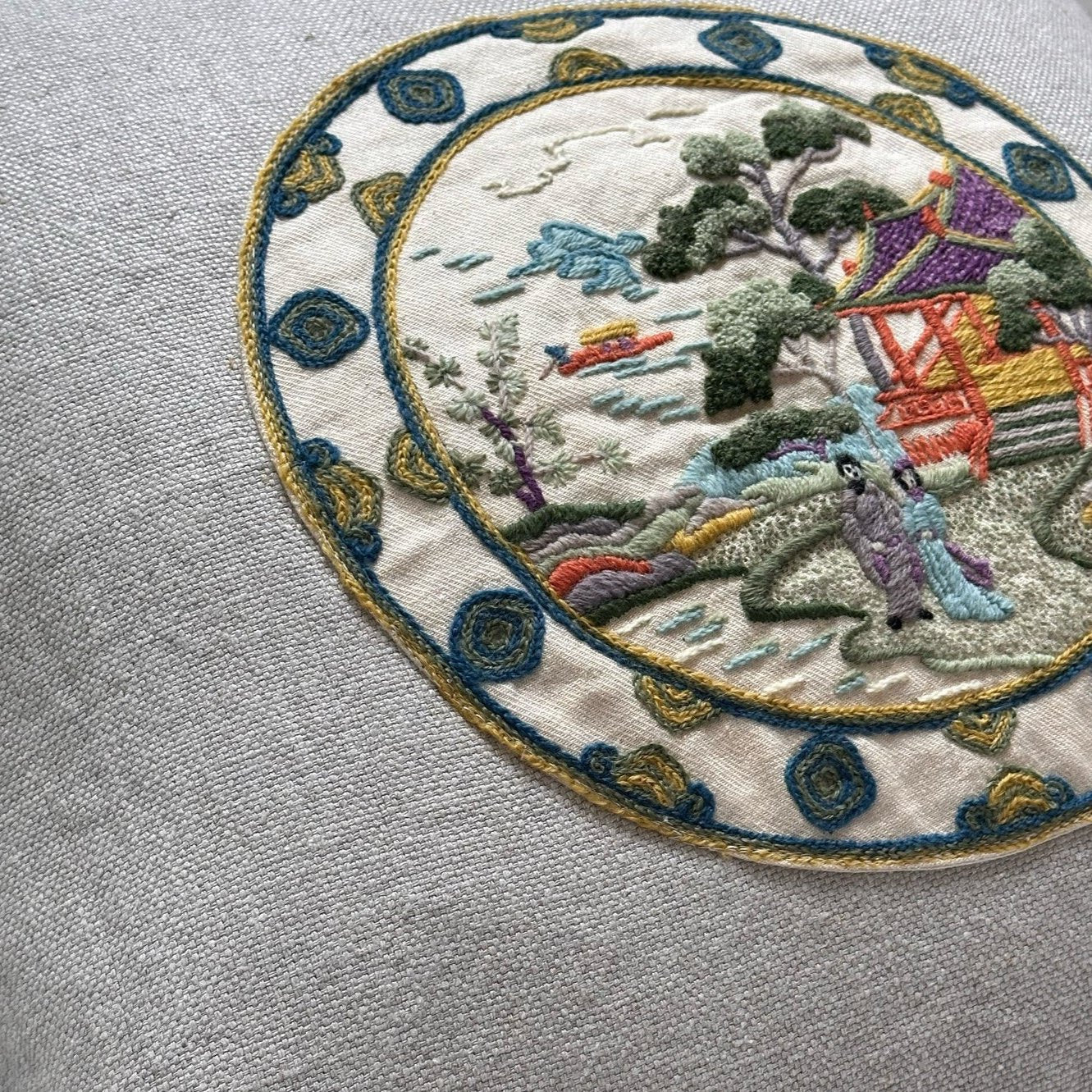 Vintage Wool Embroidery Pillow - 22" x 22" -187a