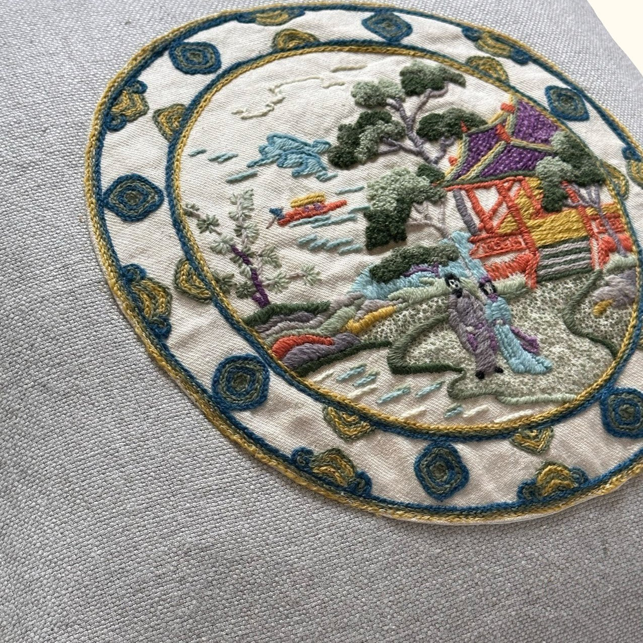 Vintage Wool Embroidery Pillow - 22" x 22" -187b