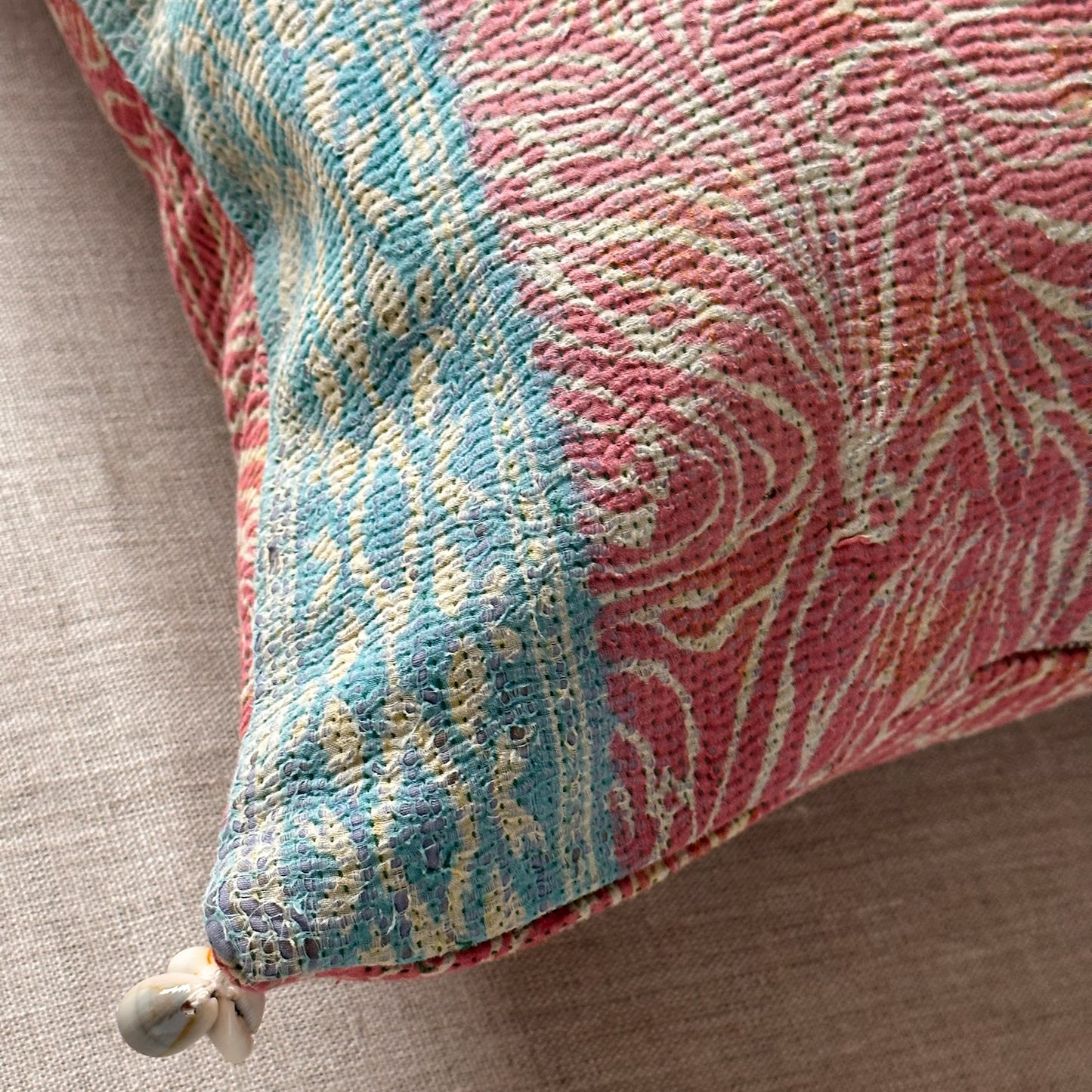 Vintage Kantha Quilt with beads Pillow - 20x20 - India - 347a