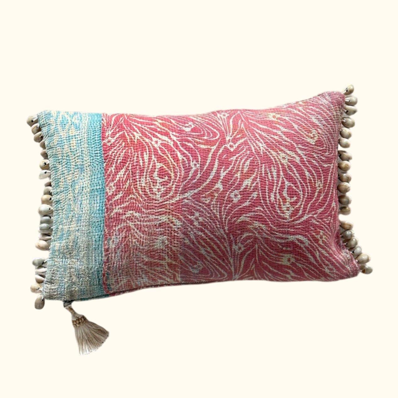 Vintage Kantha Quilt with beads Pillow - 11x17 - India - 347b