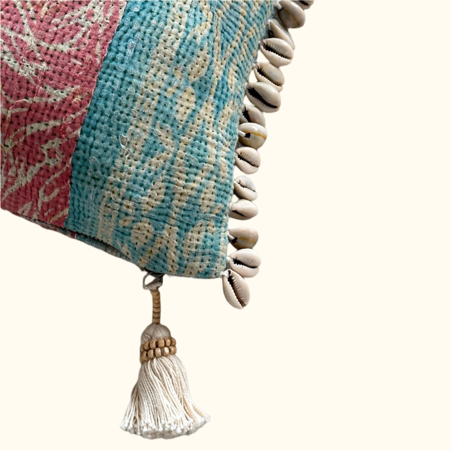 Vintage Kantha Quilt with beads Pillow - 11x17 - India - 347b