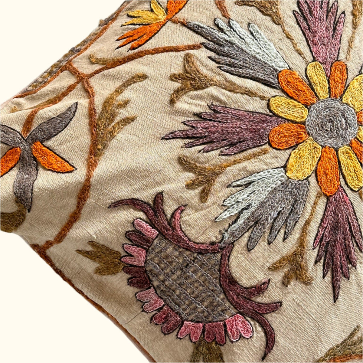 Antique Crewel Embroidery Pillow - 22x22 - England - 352a