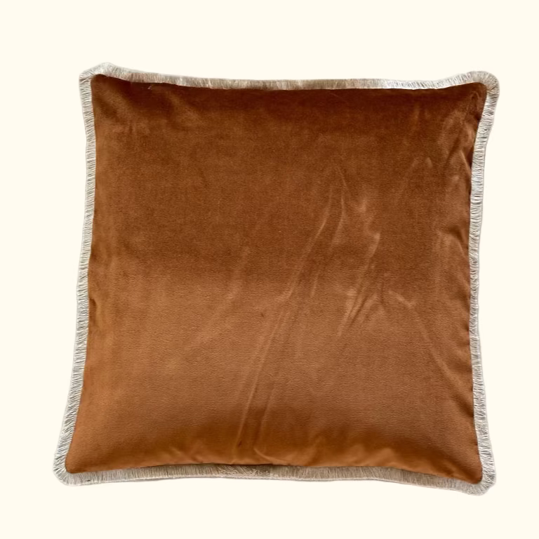 Cognac Cotton Velvet with Fringe Pillow - 24" x 24" - USA