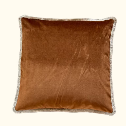 Cognac Cotton Velvet with Fringe Pillow - 24" x 24" - USA