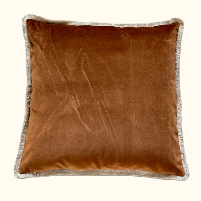 Cognac Cotton Velvet with Fringe Pillow - 24" x 24" - USA