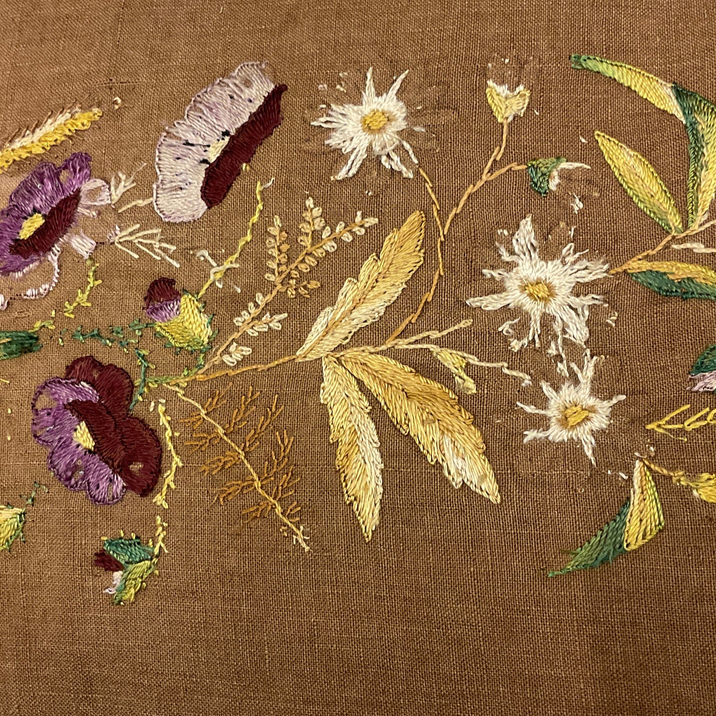 Vintage Floral Embroidery on Linen Pillow - 16 x 36 - 558a