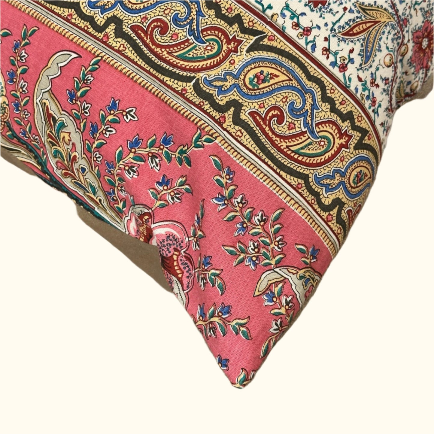 Vintage Cotton Indiene Floral Pillow - 22" x 22" - England - 415b