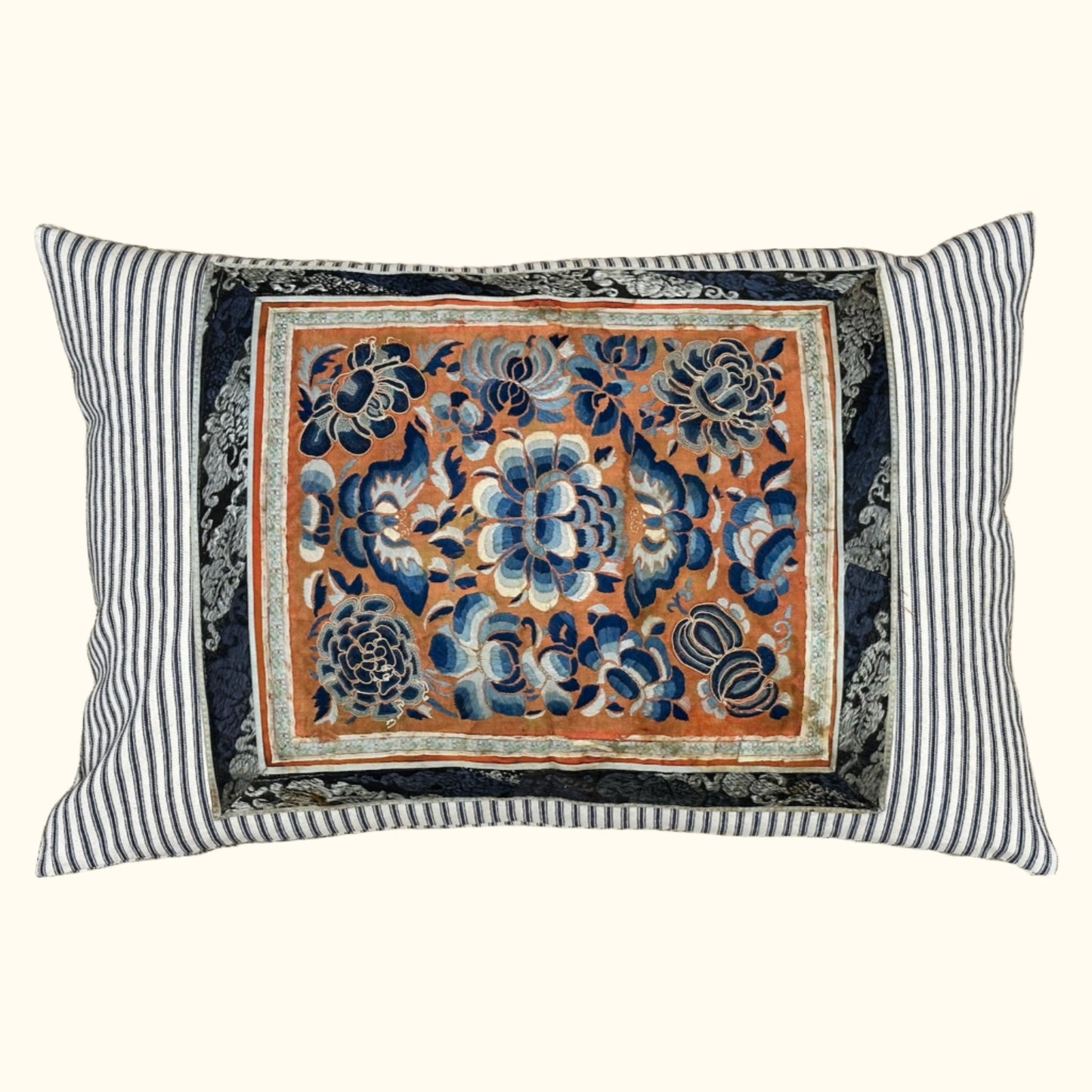 Antique Chinese Embroidered Pillow on Ticking - 16x24 - China - 361