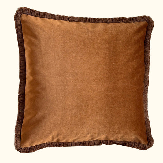 Cognac Cotton Velvet with Fringe Pillow - 24" x 24" - USA
