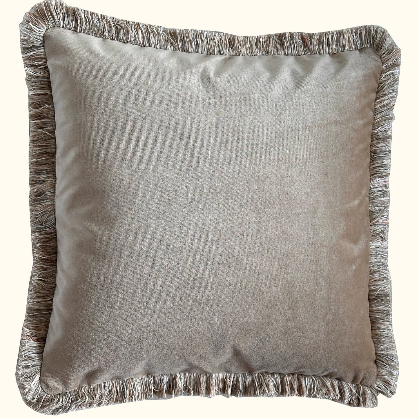 Taupe Cotton Velvet with Fringe Pillow - 24" x 24" - USA