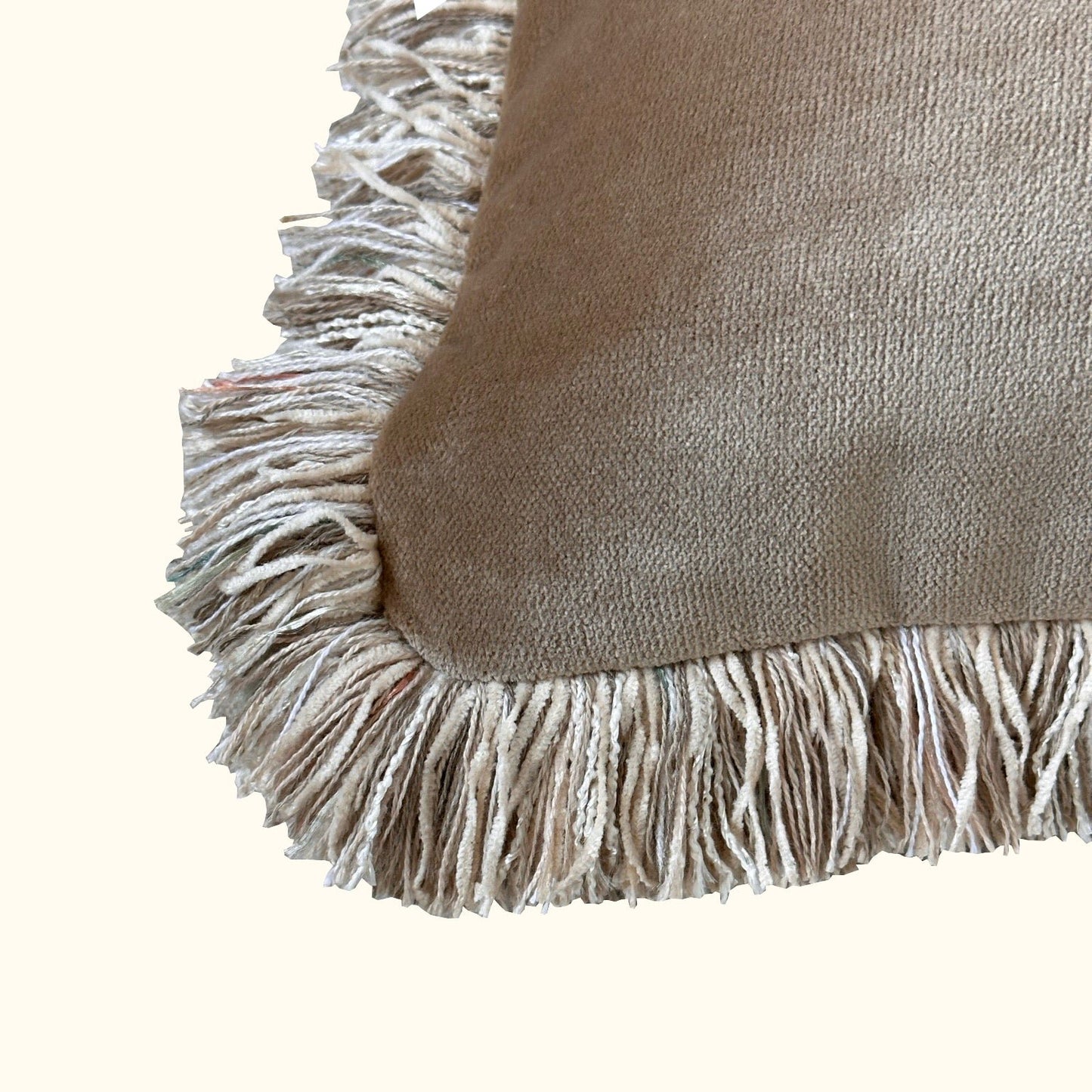 Taupe Cotton Velvet with Fringe Pillow - 24" x 24" - USA