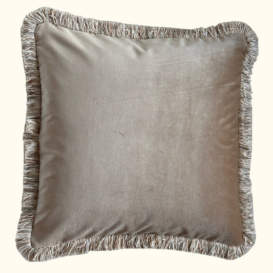Taupe Cotton Velvet with Fringe Pillow - 24" x 24" - USA