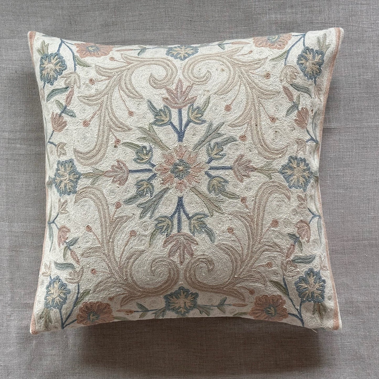 Wool Crewel Embroidery Pillow - 22" x 22" - England - 115a