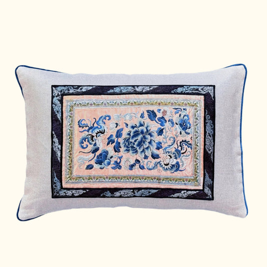 Vintage Silk Embroidery on Silk Pillow - 16" x 24" - China - 134a