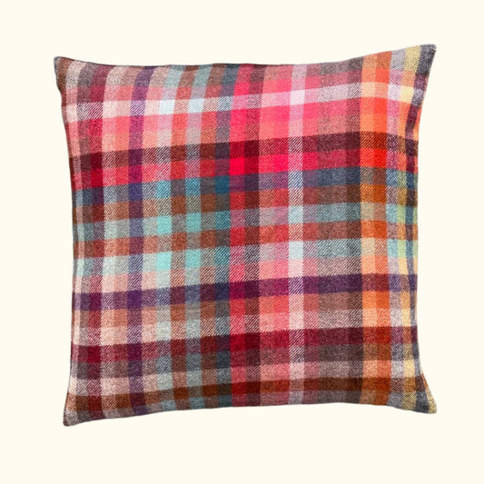 1960s Wool Plaid Blanket Pillow - 22" x 22" - USA - 1472d