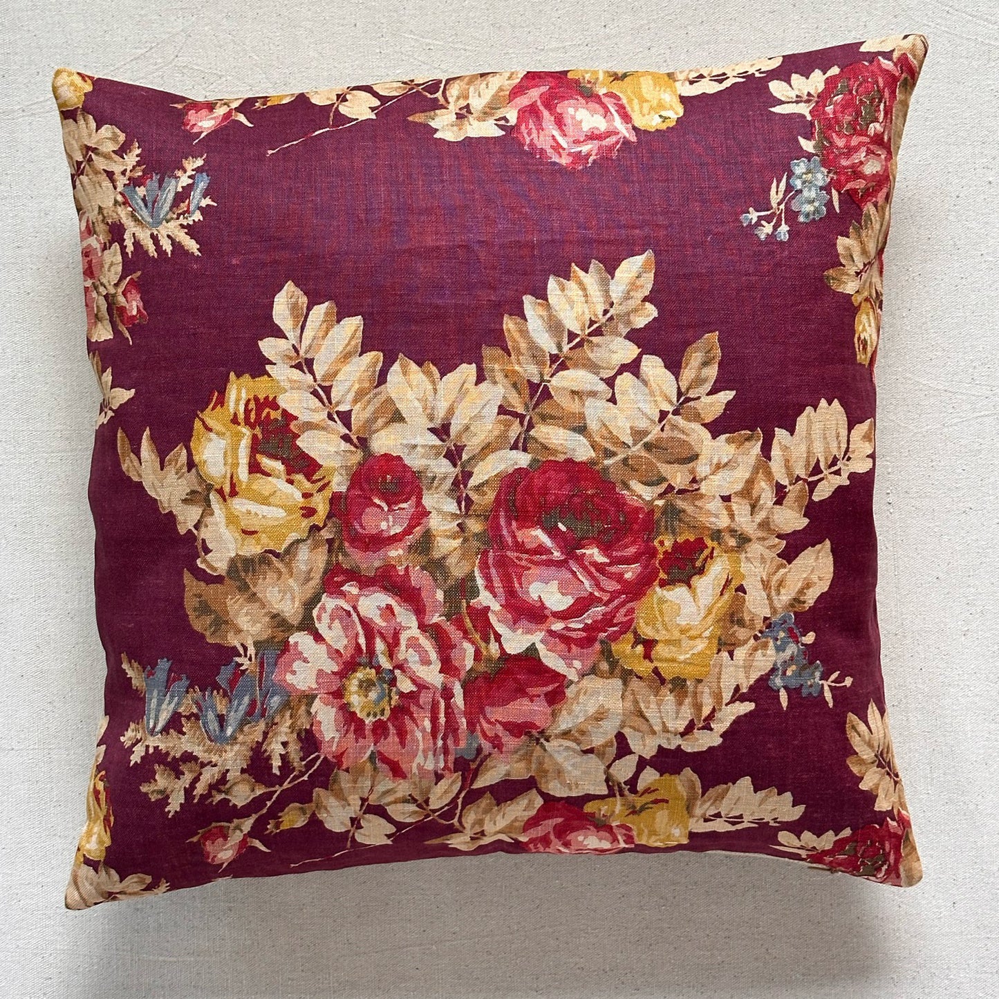 Vintage Linen Floral c. 1920's Pillow - 20" x 20" - England - 190a