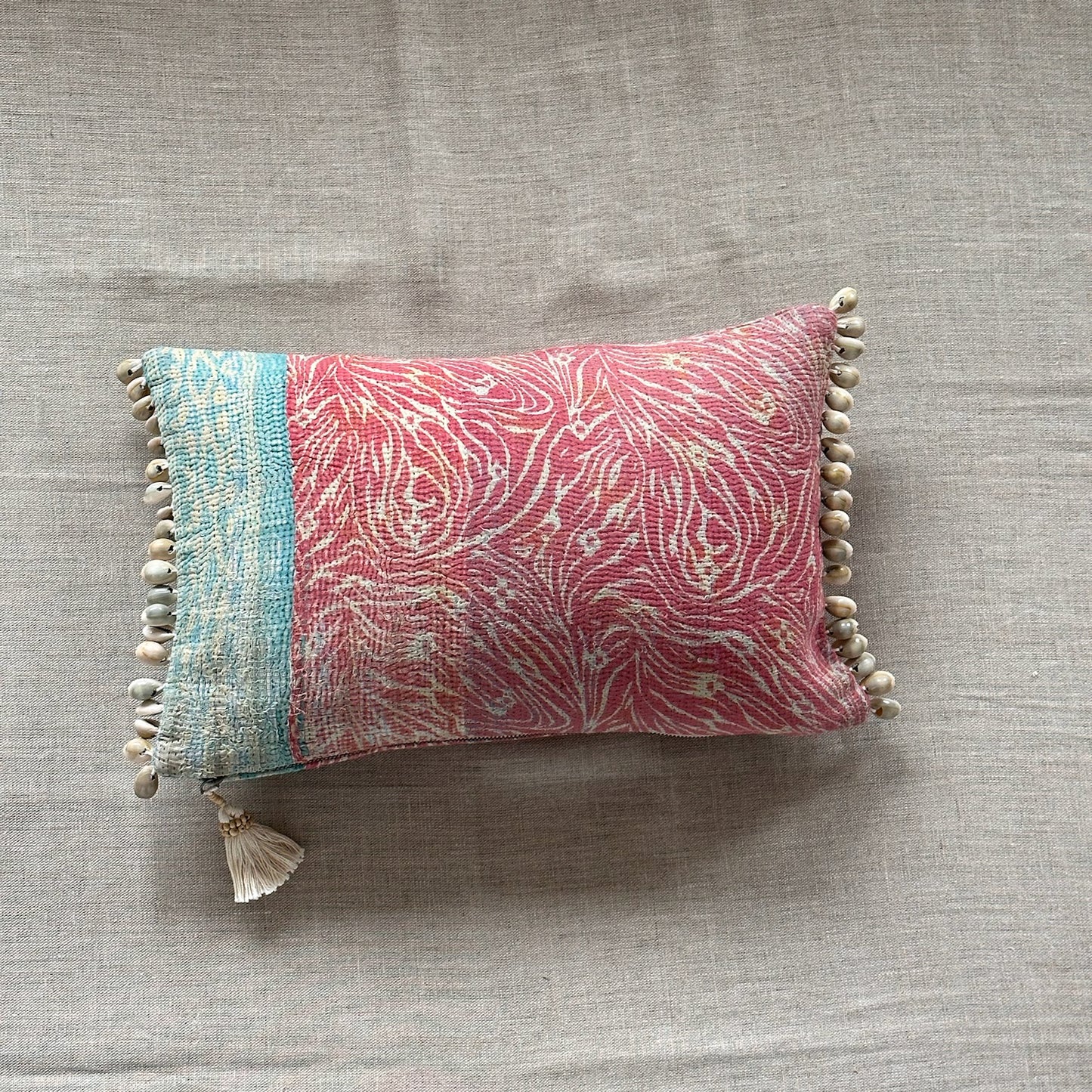 Vintage Kantha Quilt with beads Pillow - 11x17 - India - 347b