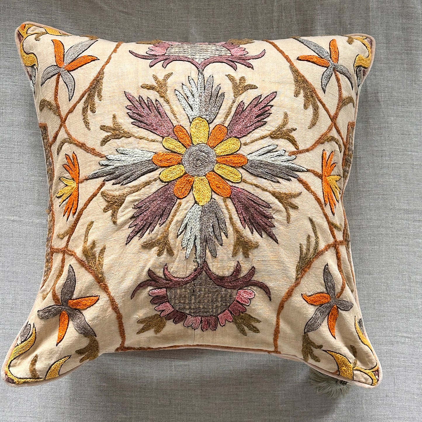 Antique Crewel Embroidery Pillow - 22x22 - England - 352a