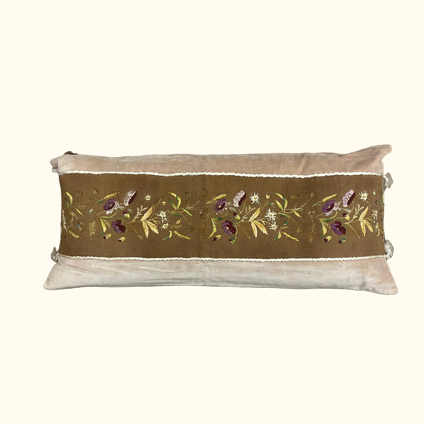 Vintage Floral Embroidery on Linen Pillow - 16 x 36 - 558a
