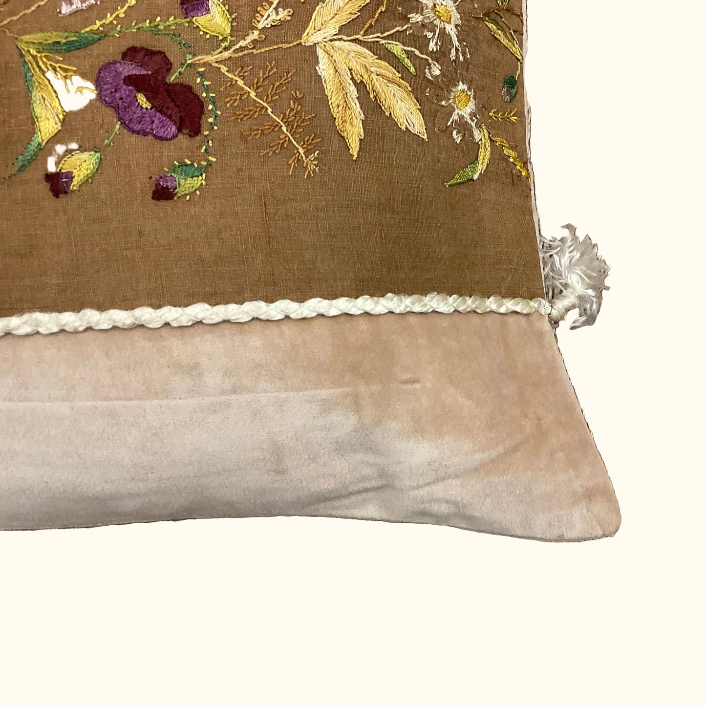 Vintage Floral Embroidery on Linen Pillow - 16 x 36 - 558a