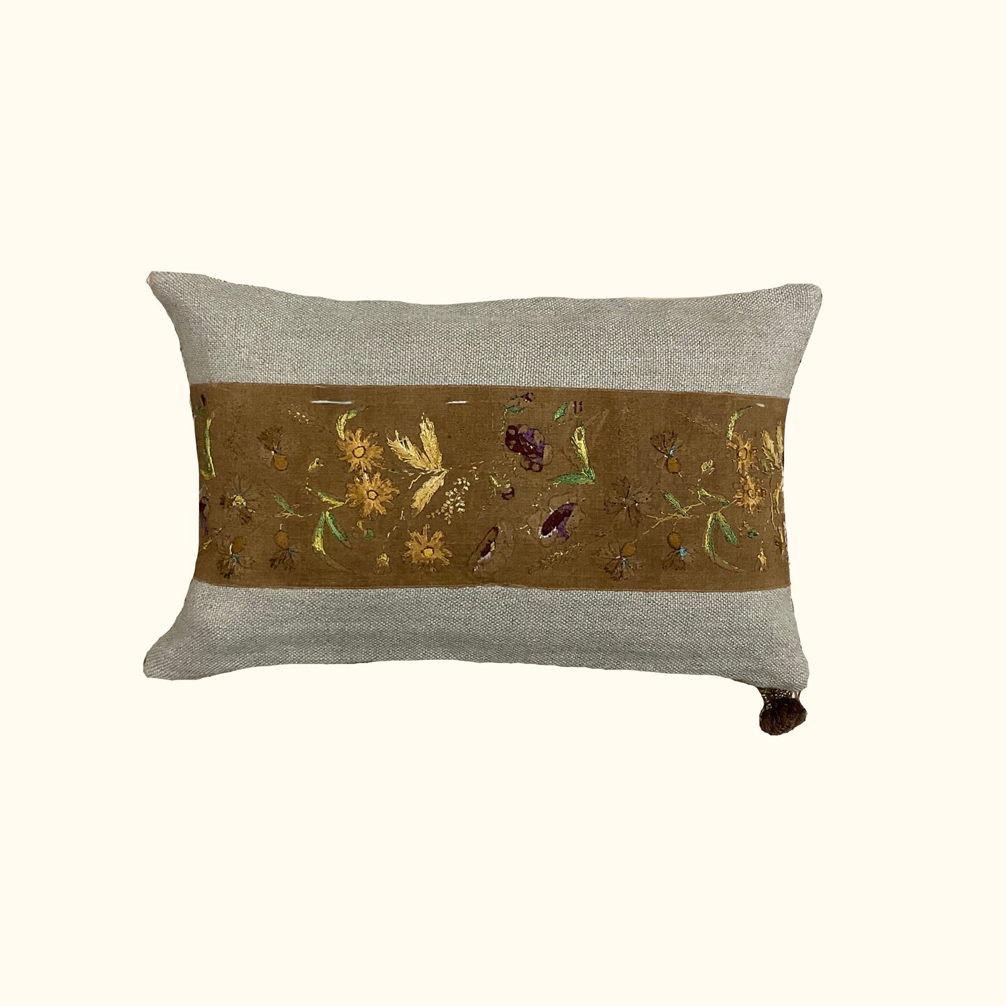 Vintage Floral Embroidery on Linen Pillow - 13 x 20 - 556a