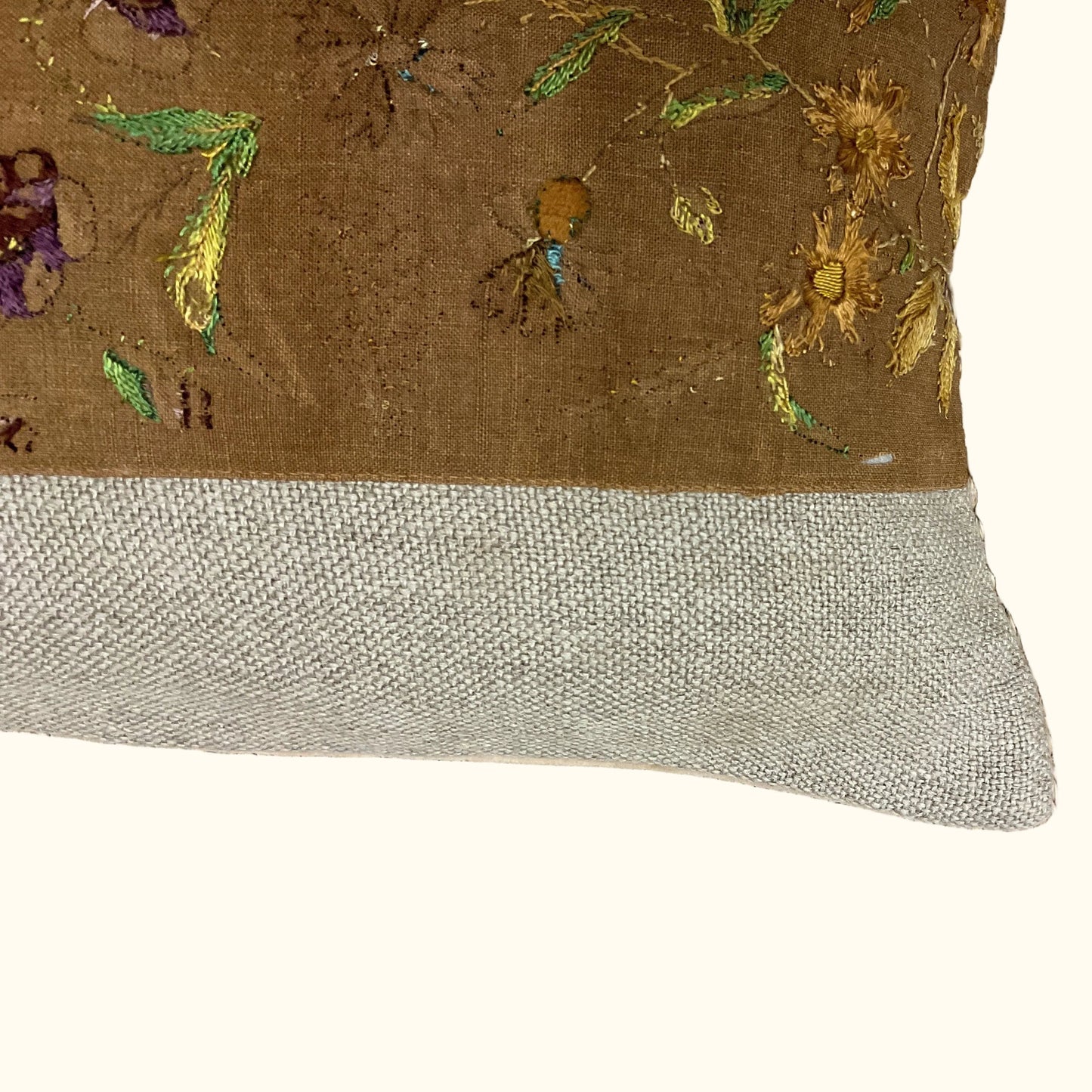Vintage Floral Embroidery on Linen Pillow - 13 x 20 - 556a