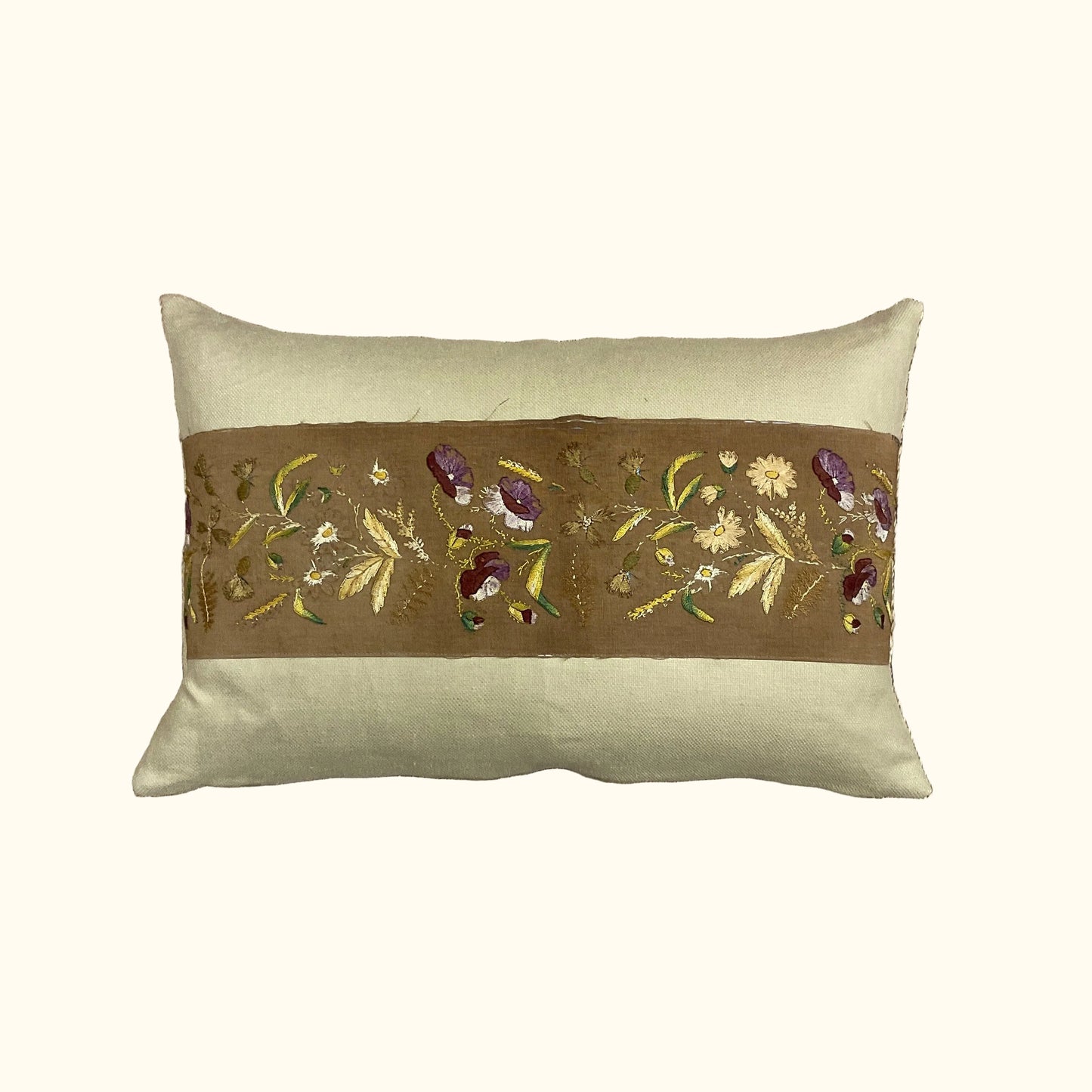 Vintage Floral Embroidery on Linen Pillow - 16" x 24" - 558b