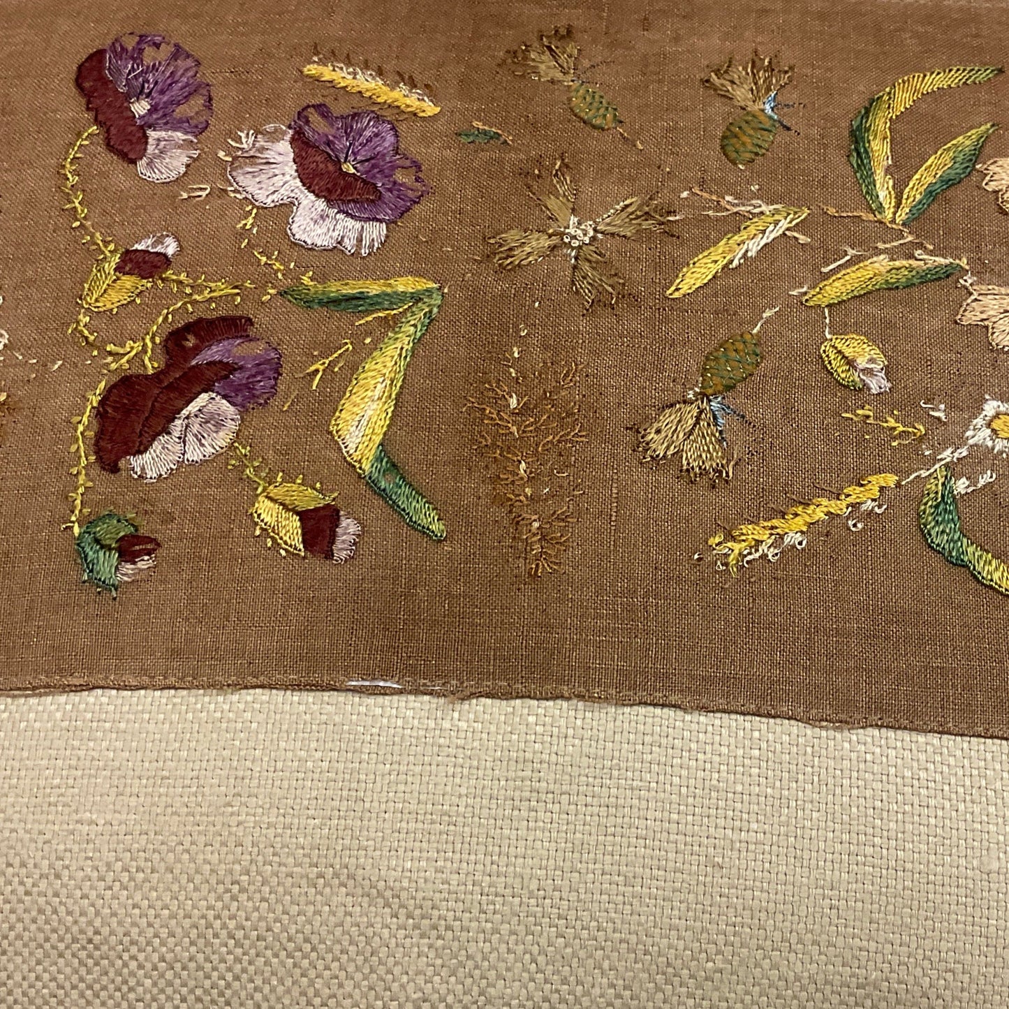 Vintage Floral Embroidery on Linen Pillow - 16" x 24" - 558b