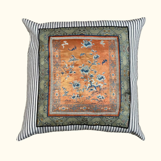 Antique Silk Embroidery Qing Dynasty Pillow - 20" x 20" - China - 425a