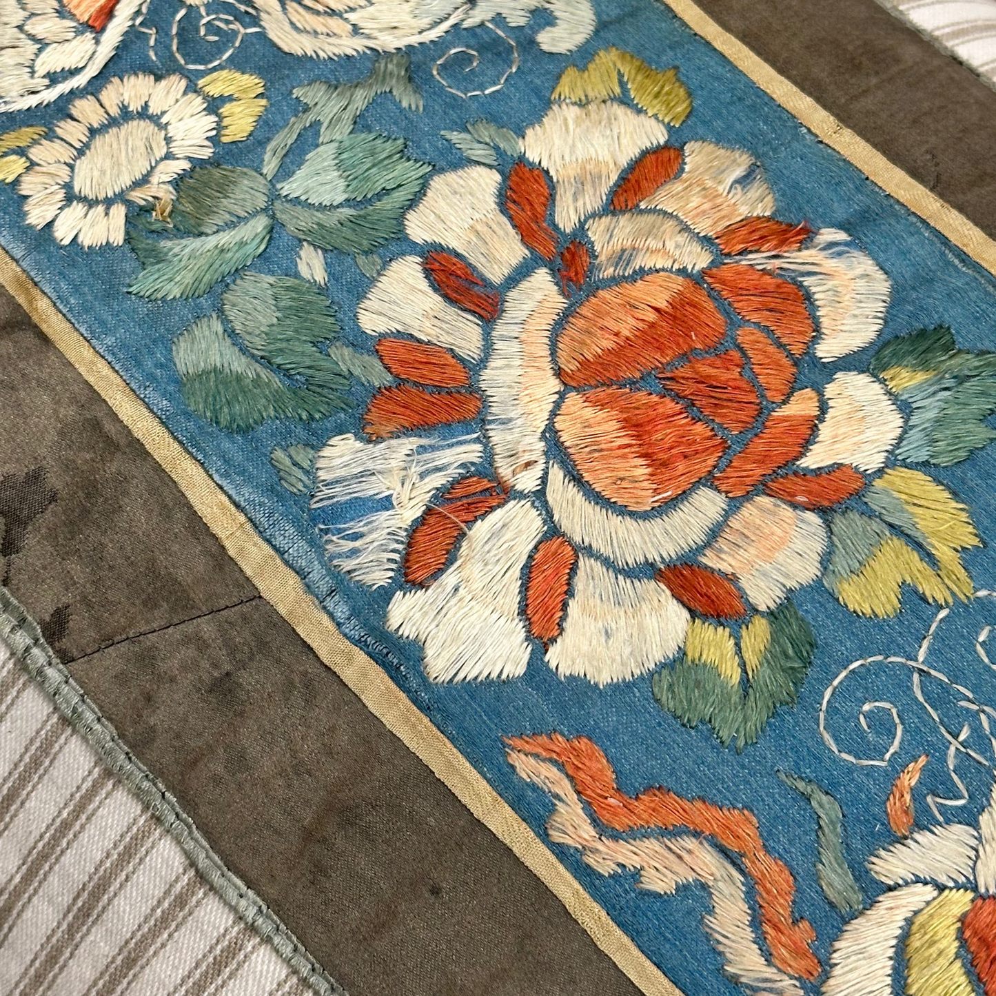 Antique Embroidery Qing Dynasty Silk Pillow - 12" x 27" - 424a
