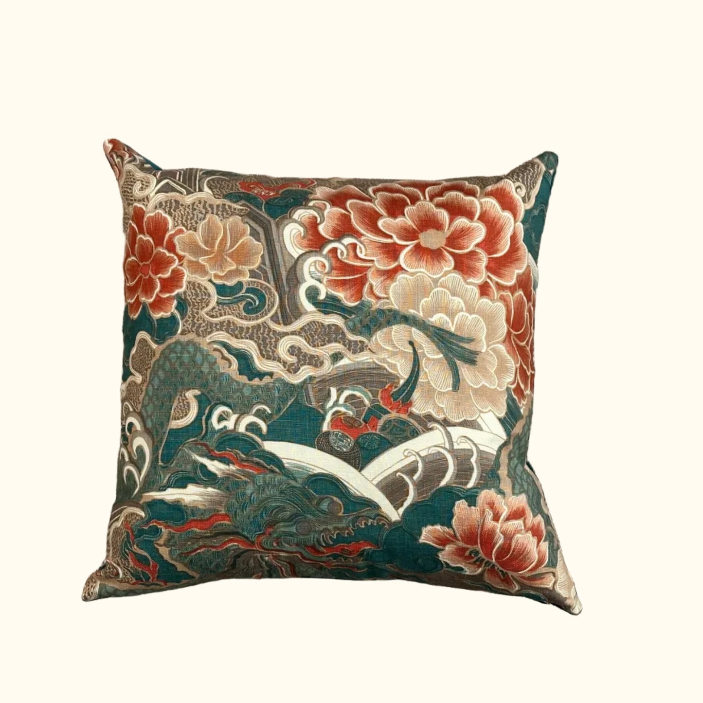Vintage Hand Printed Floral Pillow - 22" x 22" - 478b