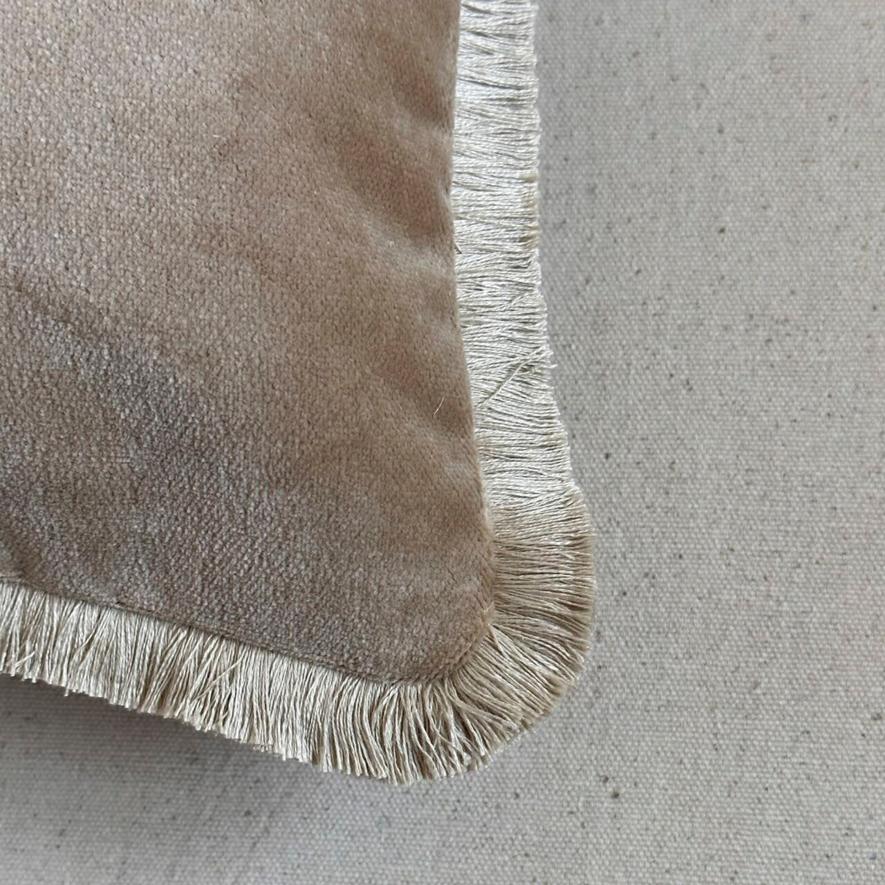 Taupe Cotton Velvet with Fringe Pillow - 24" x 24" - USA