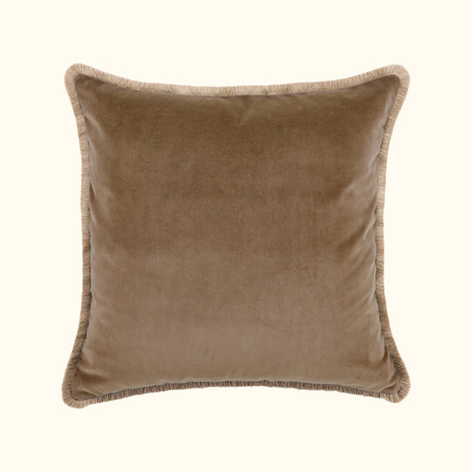 Taupe Cotton Velvet with Fringe Pillow - 24" x 24" - USA