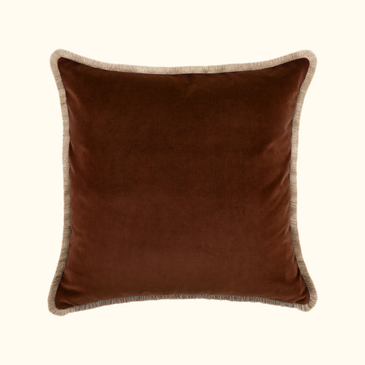 Cognac Cotton Velvet with Fringe Pillow - 24" x 24" - USA