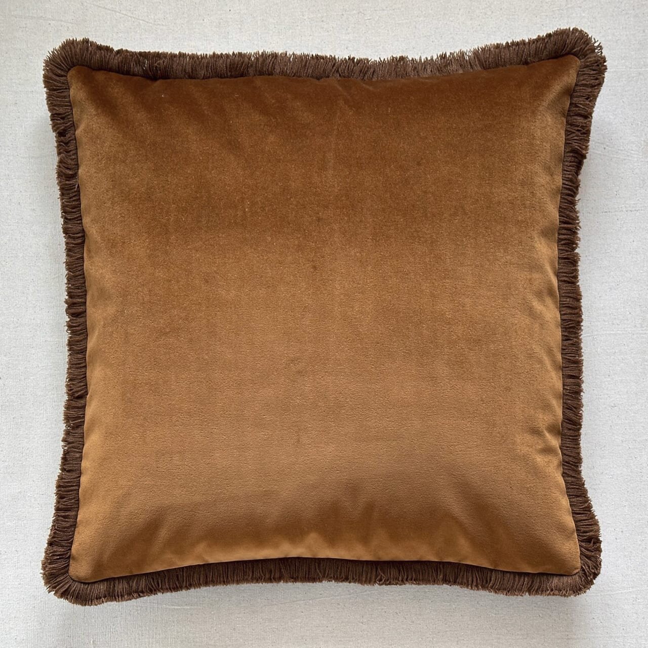 Cognac Cotton Velvet with Fringe Pillow - 24" x 24" - USA