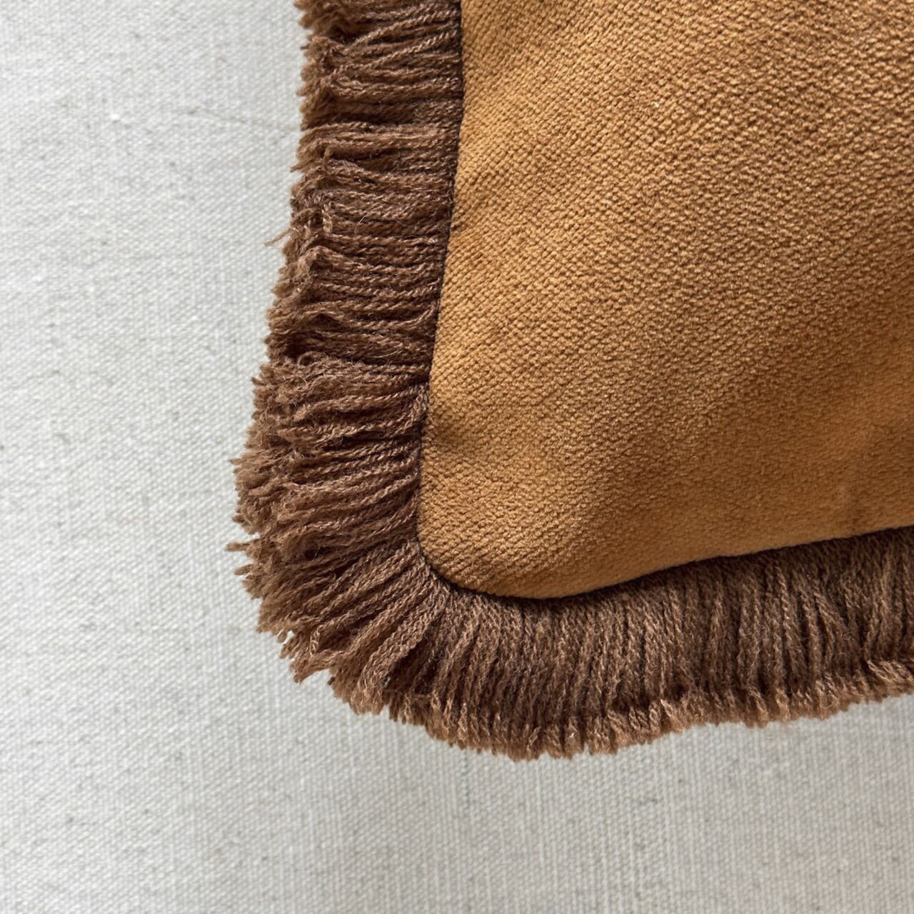 Cognac Cotton Velvet with Fringe Pillow - 24" x 24" - USA