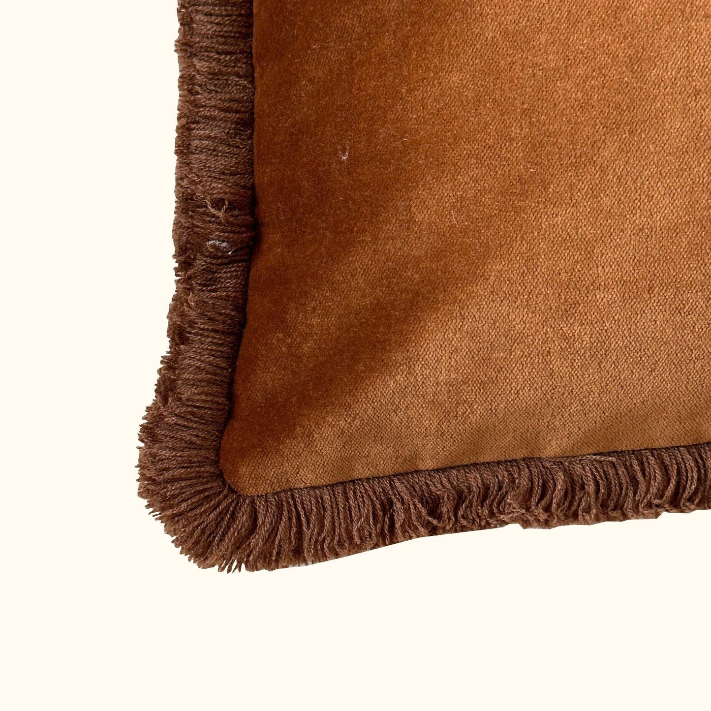 Cognac Cotton Velvet with Fringe Pillow - 24" x 24" - USA