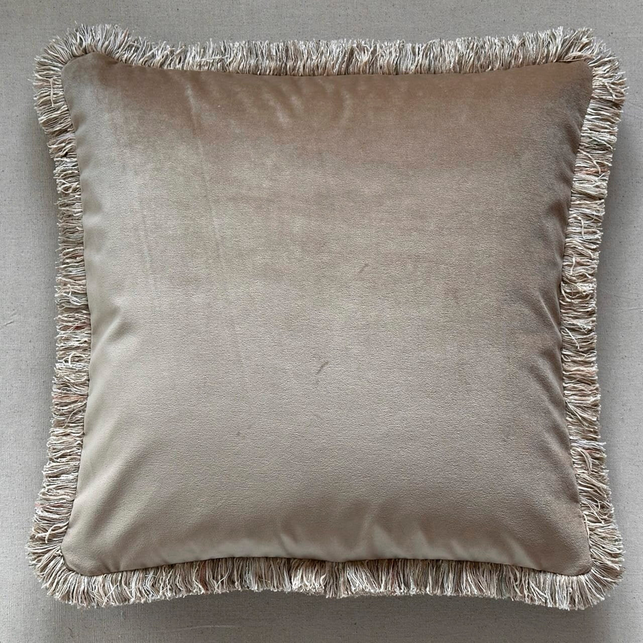 Taupe Cotton Velvet with Fringe Pillow - 24" x 24" - USA