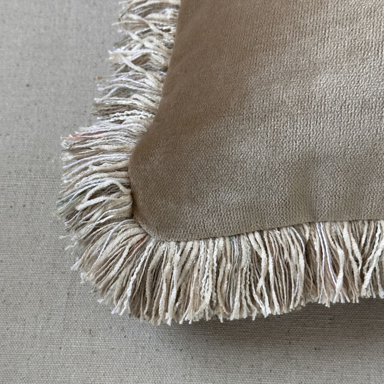 Taupe Cotton Velvet with Fringe Pillow - 24" x 24" - USA