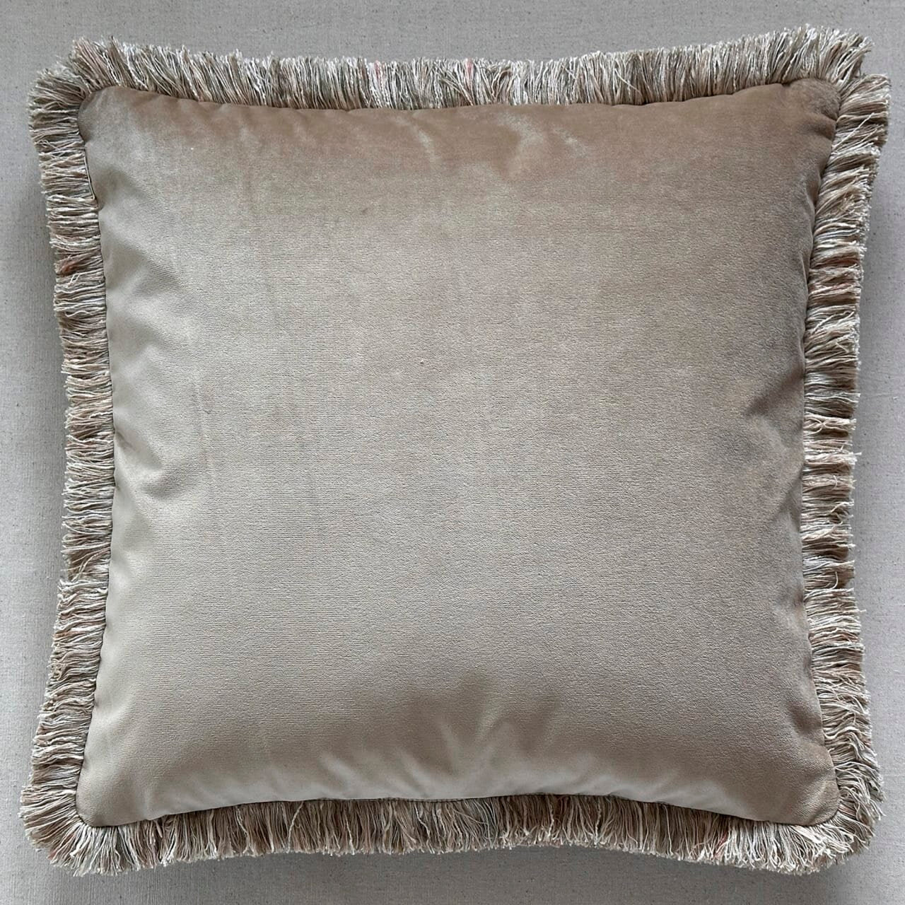 Taupe Cotton Velvet with Fringe Pillow - 24" x 24" - USA