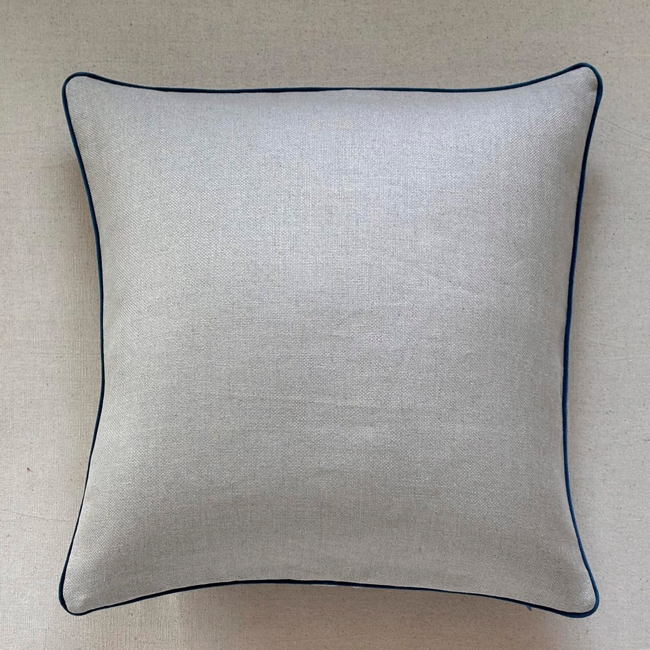 Natural Linen w/ Sapphire Velvet Piping Pillow - 22" x 22" - USA