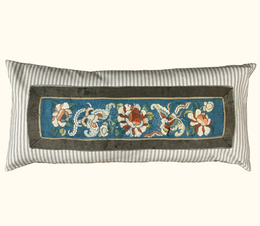 Antique Embroidery Qing Dynasty Silk Pillow - 12" x 27" - 424a