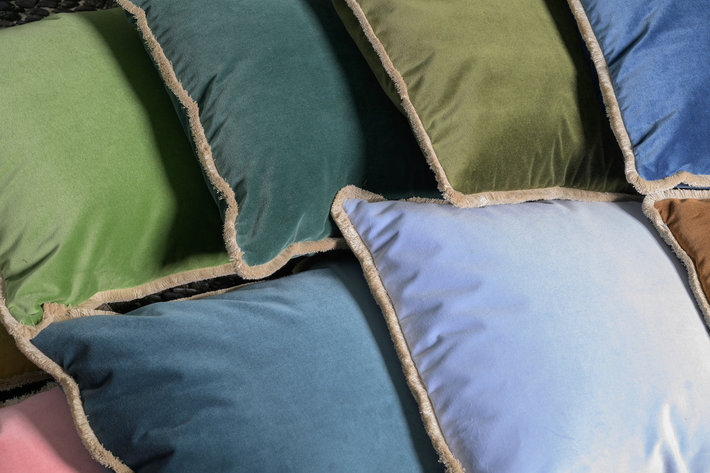 Baby Blue Cotton Velvet with Fringe Pillow - 24" x 24" - USA