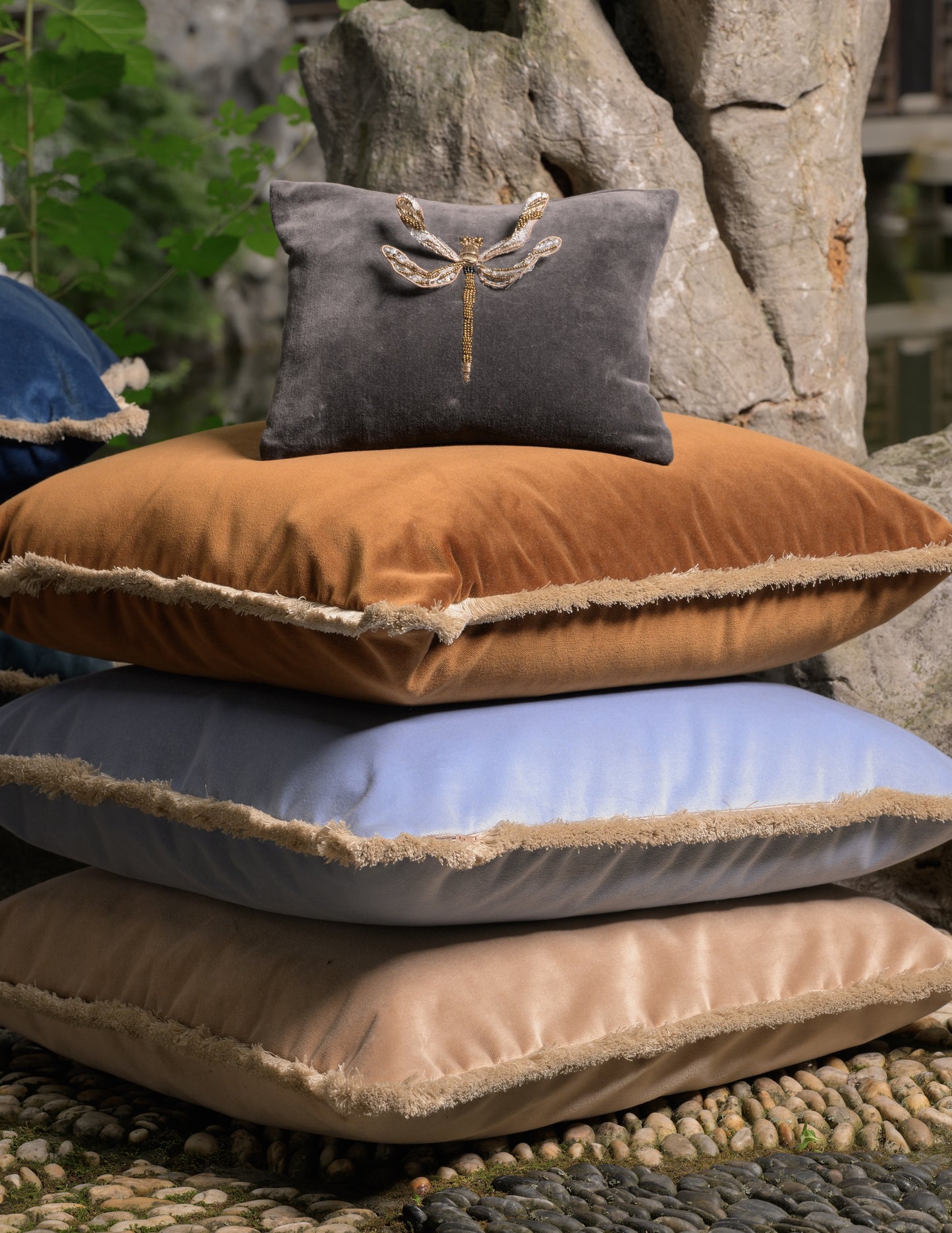 Taupe Cotton Velvet with Fringe Pillow - 24" x 24" - USA
